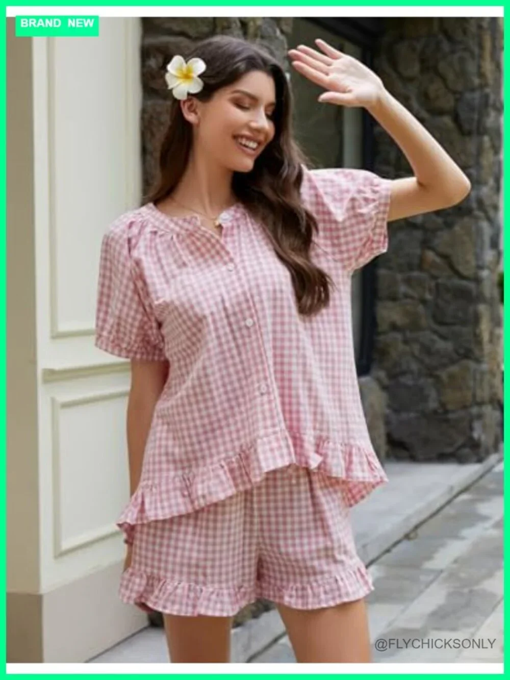Women's Cotton Gingham Pajama Set - Button Down Top & ruffle Shorts